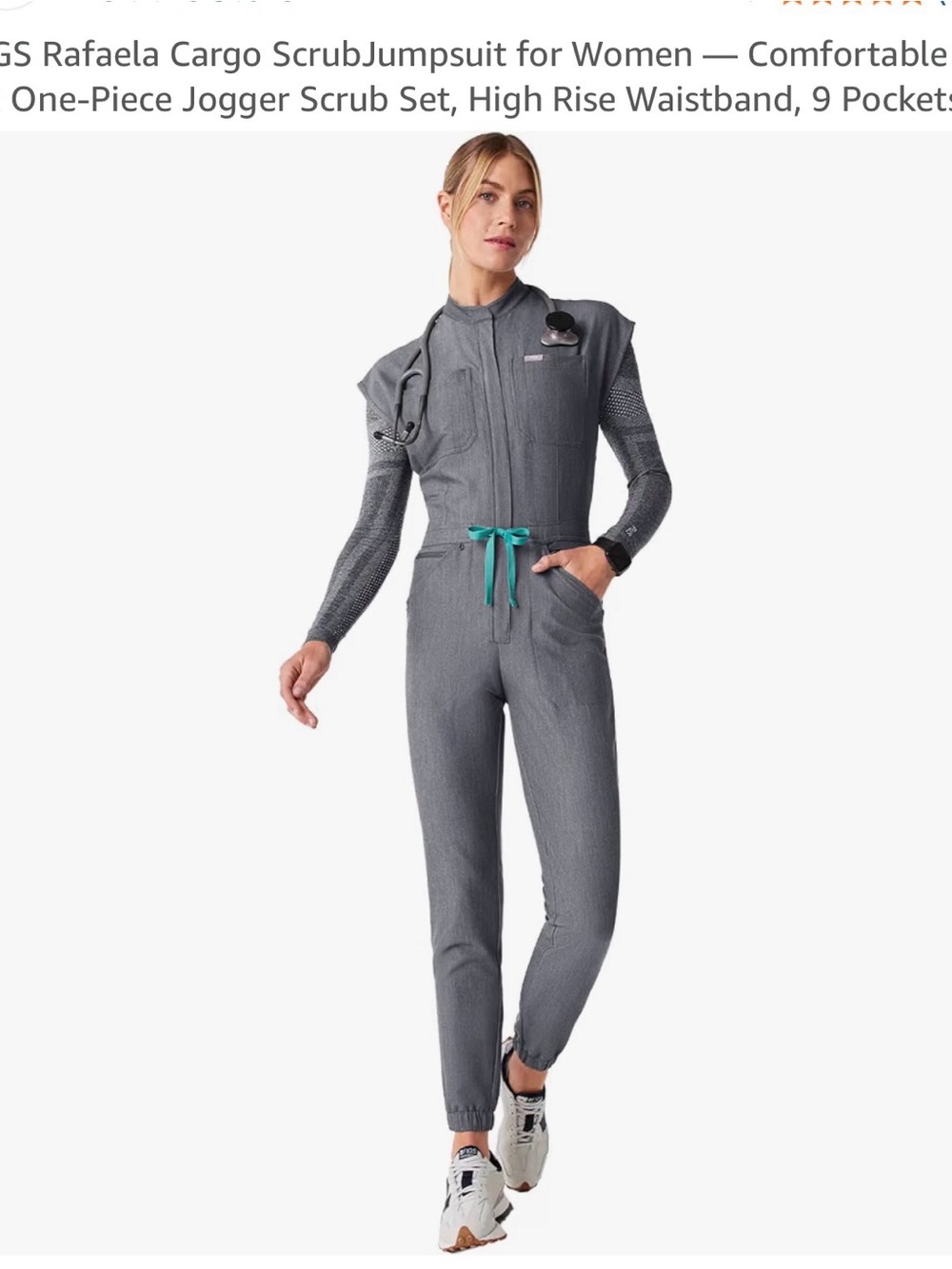 Figs Gray Cargo Scrub Jumpsuit with Teal Drawstring